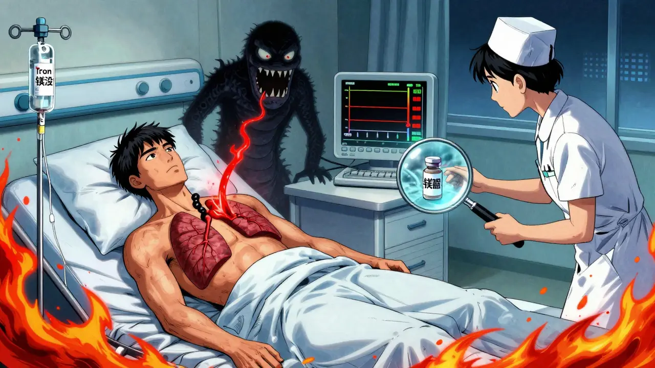 Patient receiving iron infusion as phosphate drains away, causing lungs to collapse, with nurse monitoring levels.