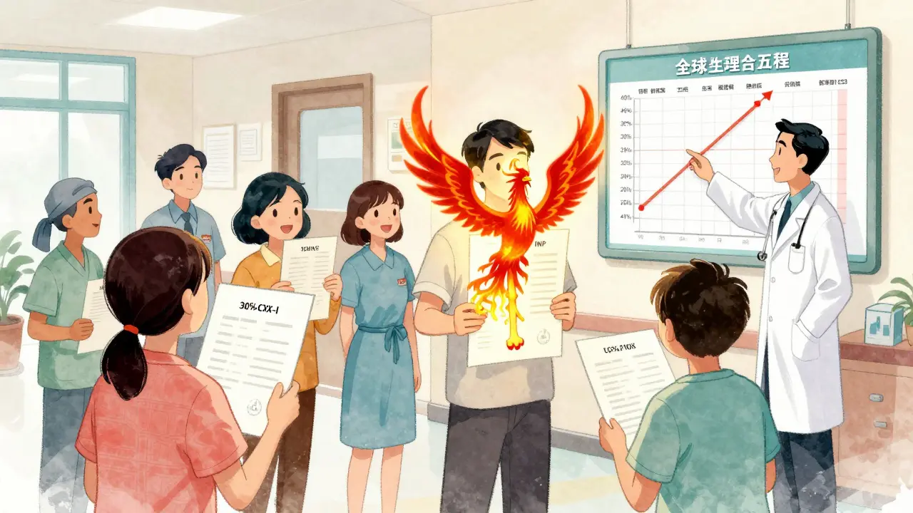Patients holding glowing bone marker reports with dragon and phoenix symbols representing changes.