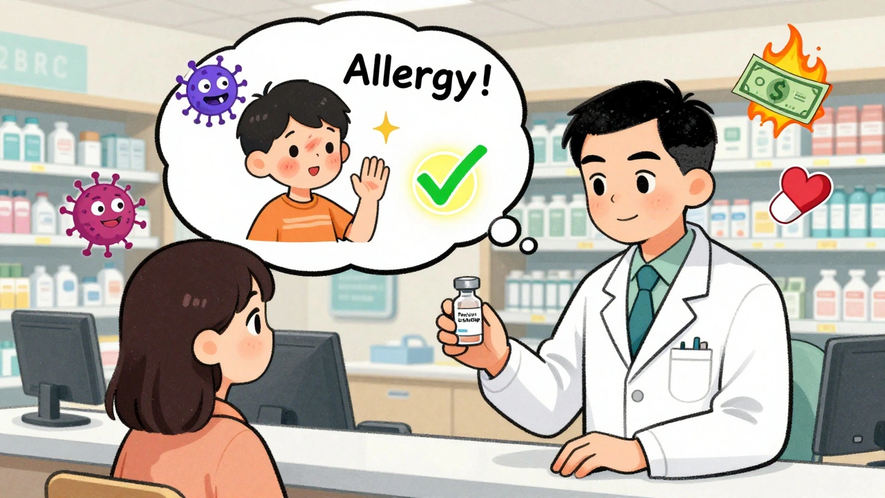 Pharmacist giving penicillin challenge while past fears float as cartoon icons