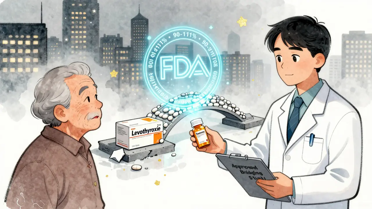 Pharmacist handing a generic pill bottle to a patient as a glowing bridge of pills connects brand and generic approval.