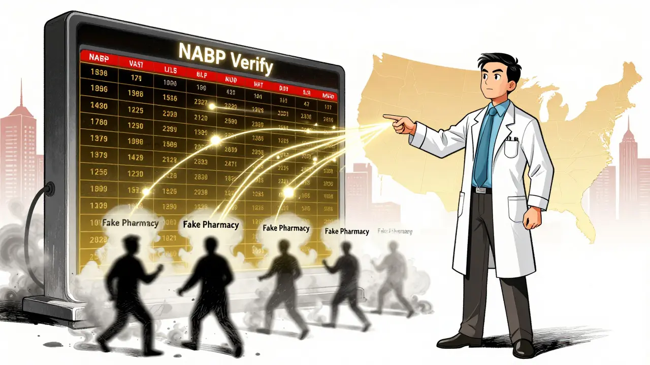 Pharmacist verifying online pharmacies through a digital NABP portal, dissolving fake operators below.
