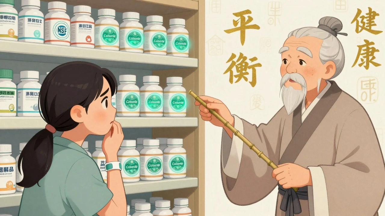 Pharmacy shelf with certified probiotics, a patient hesitates as an herbalist guides them to the right strain.