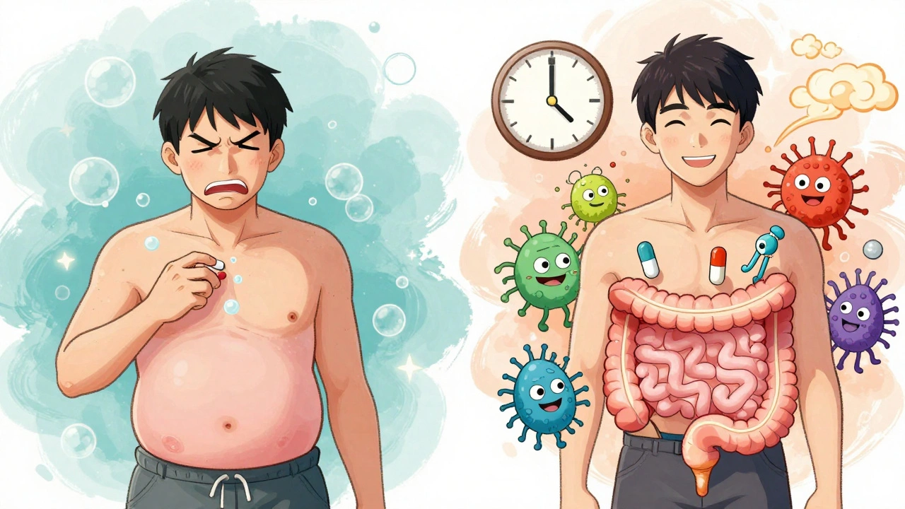 Split illustration: left shows bloating during antibiotics, right shows balanced gut with protective probiotic microbes.