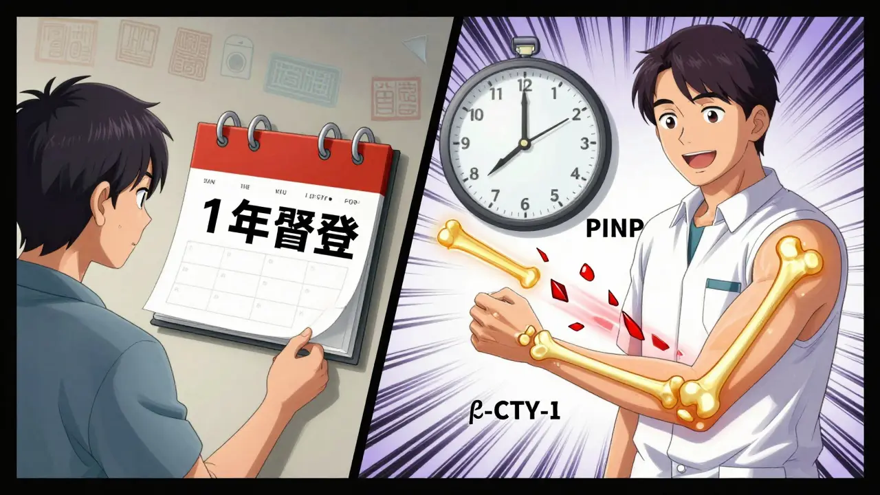Split-panel illustration comparing 1-year wait vs. 3-month bone marker results.