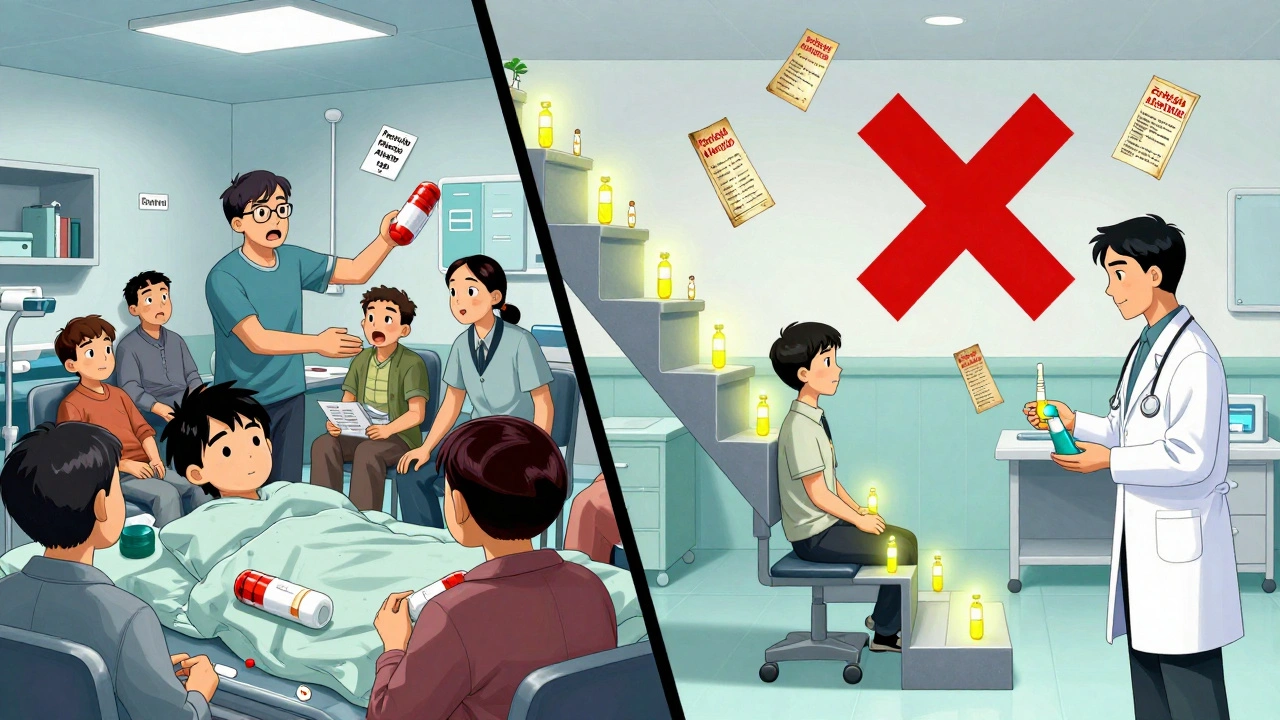 Split scene: chaotic use of expensive antibiotics vs. calm, step-by-step penicillin desensitization in a modern hospital.