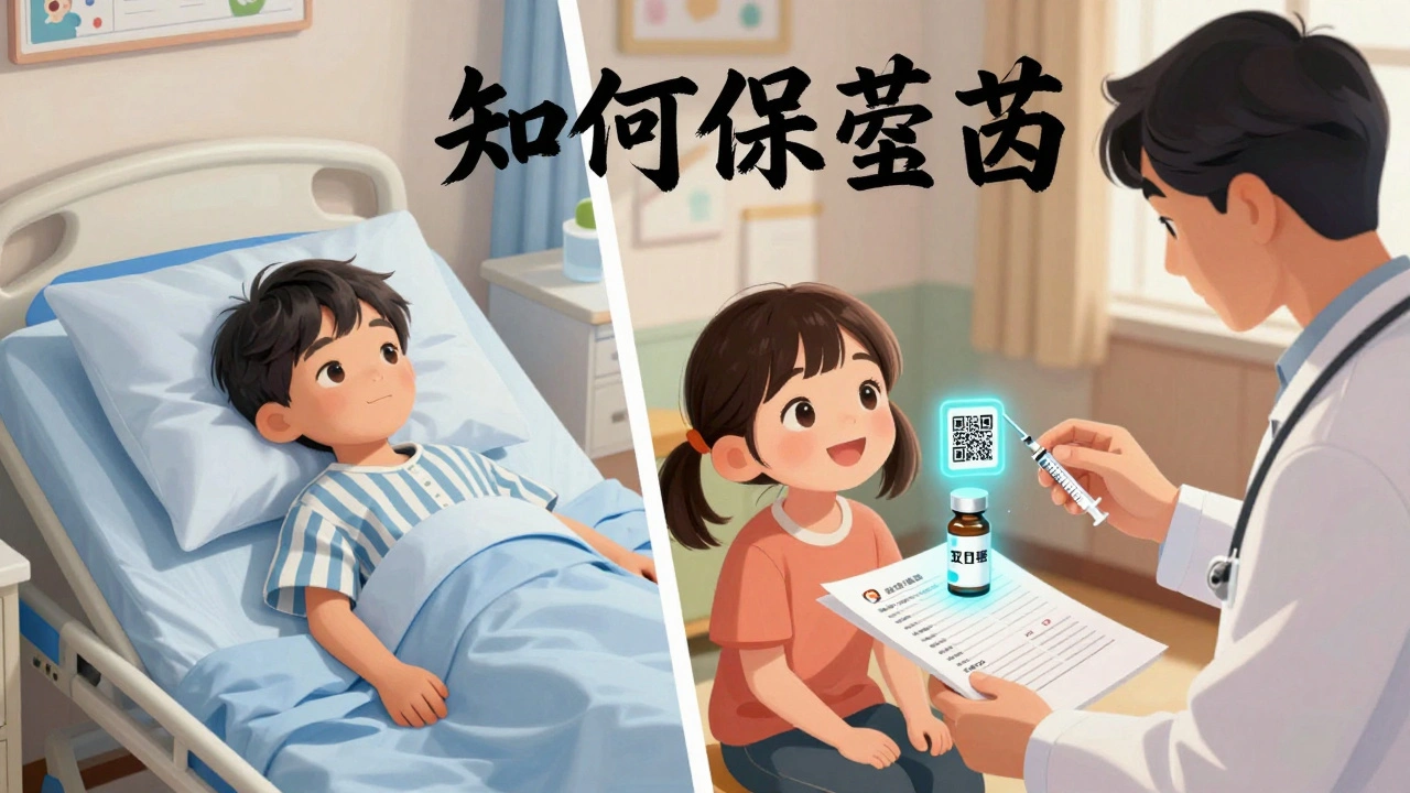 Split scene: child in hospital vs. safe at home with proper dosing tools and QR code.