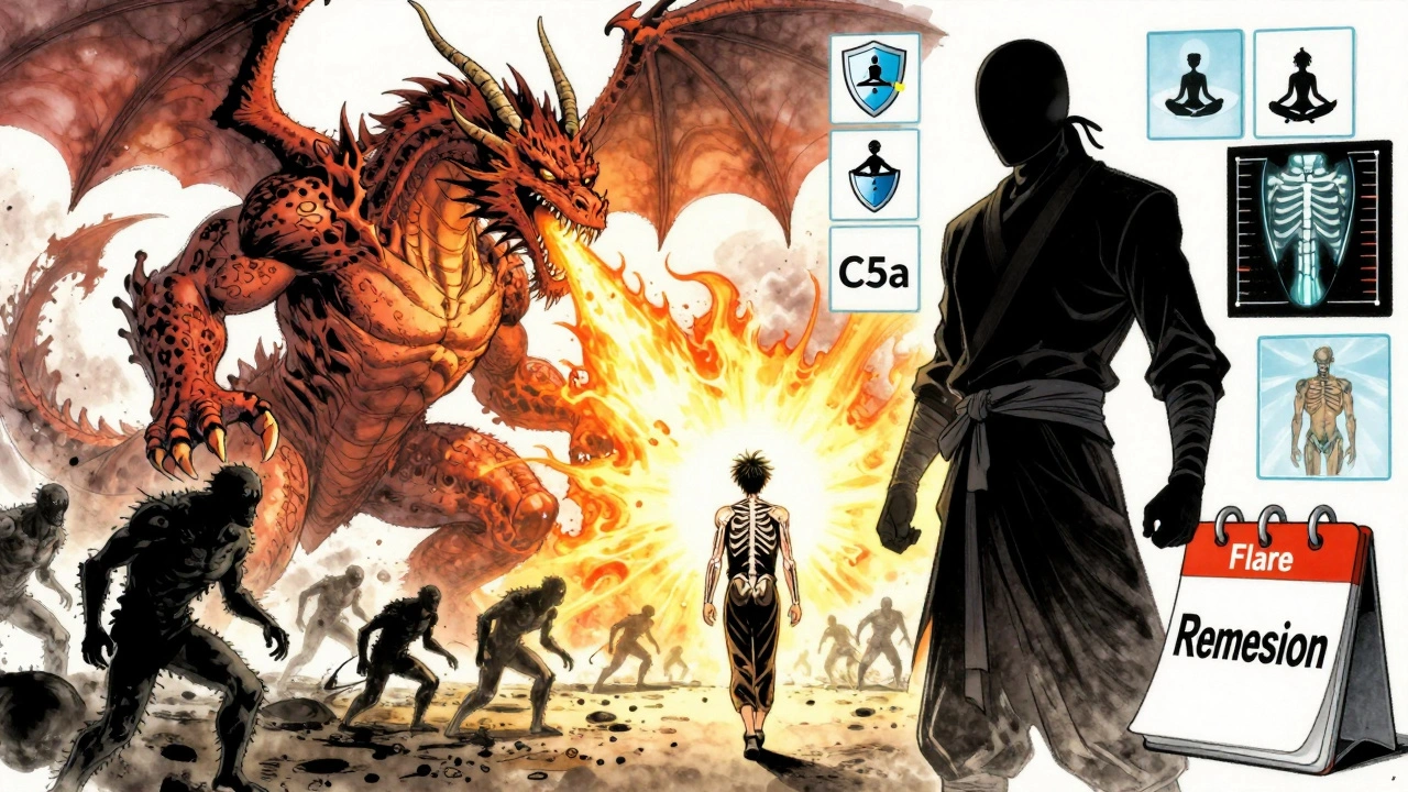 Steroid dragon vs. Avacopan ninja in battle for vascular health, patient walking toward light.