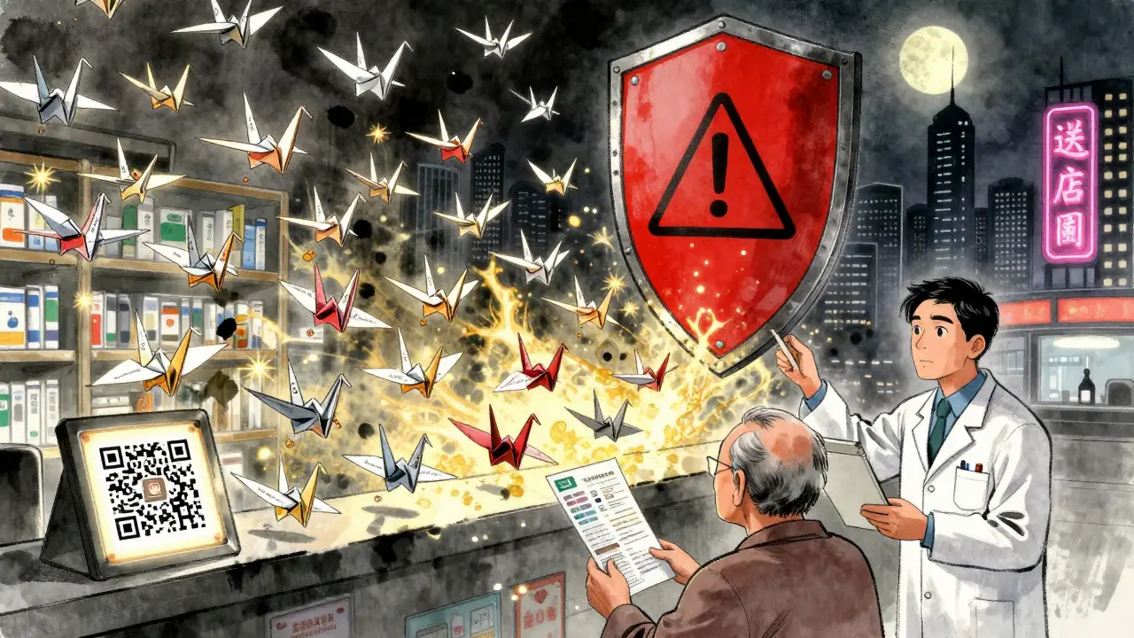 Thousands of paper cranes with patient initials fly upward to form a protective warning label over a city.