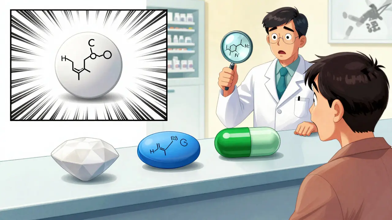 Three different generic pills next to a brand-name pill, with a pharmacist showing their identical active ingredients under a magnifying glass.