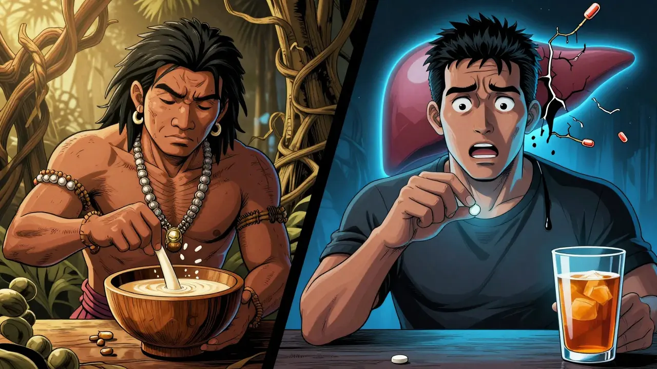 Traditional kava preparation vs. dangerous commercial extract with damaged liver.