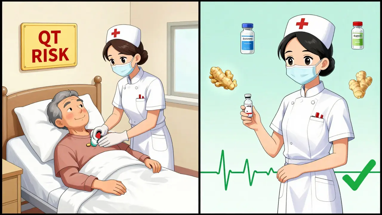 Two clinical scenes side by side: one showing high-risk ondansetron use with warning signs, the other safe granisetron use with green checkmarks and protective icons.
