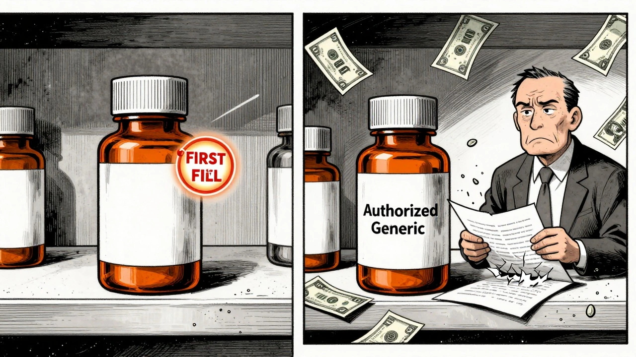Two identical drug bottles on a shelf—one labeled first generic, the other authorized generic—with falling money and a distraught CEO.