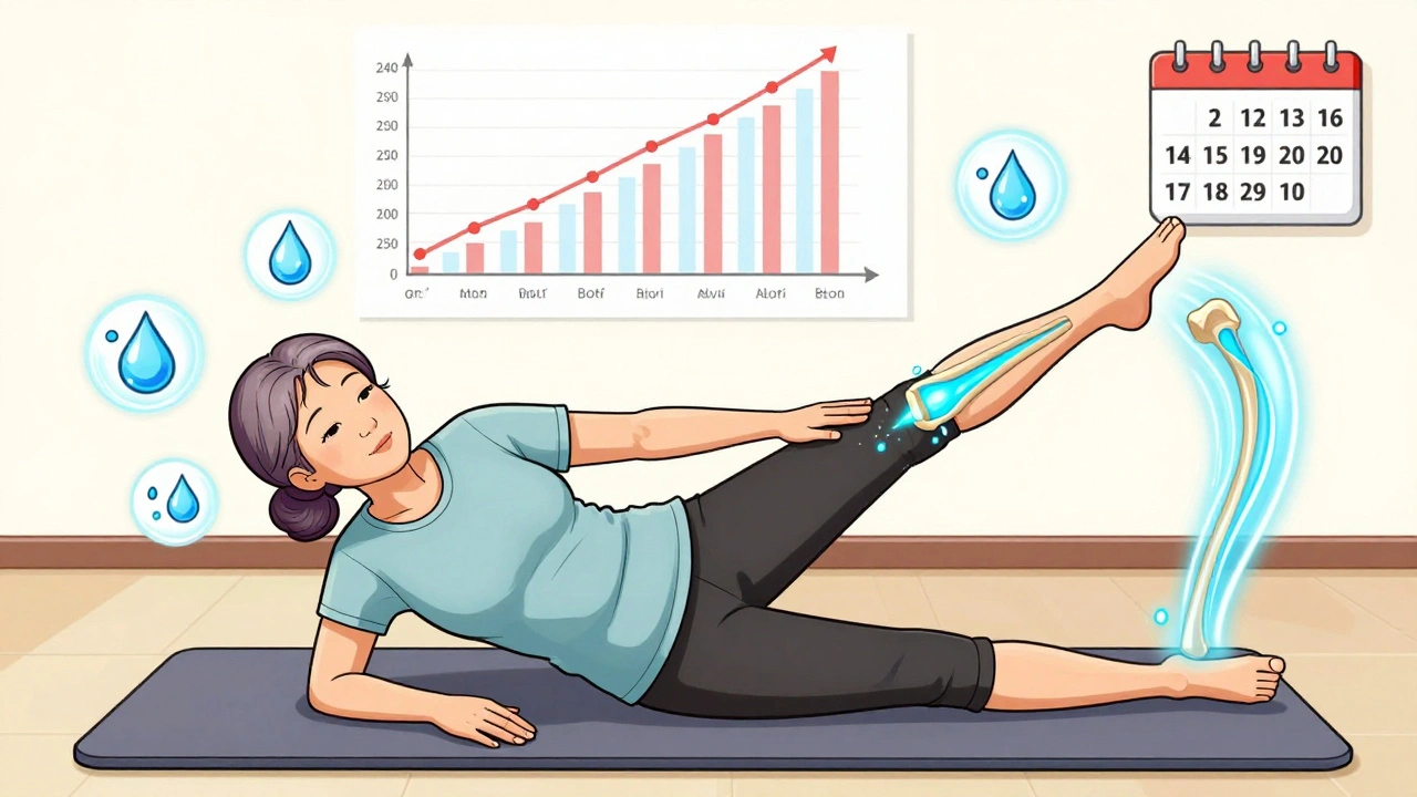 Woman doing controlled hip abduction, glowing synovial fluid flowing into joint, progress charts visible in background.