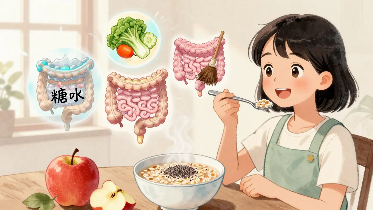 Woman eating oatmeal with chia and apple, with floating visuals of fiber working in her digestive system.