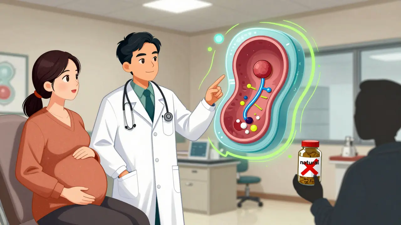 A doctor and patient viewing a placenta-on-a-chip model, with herbal supplements marked 'natural' and crossed out, in Chinese manhua style.