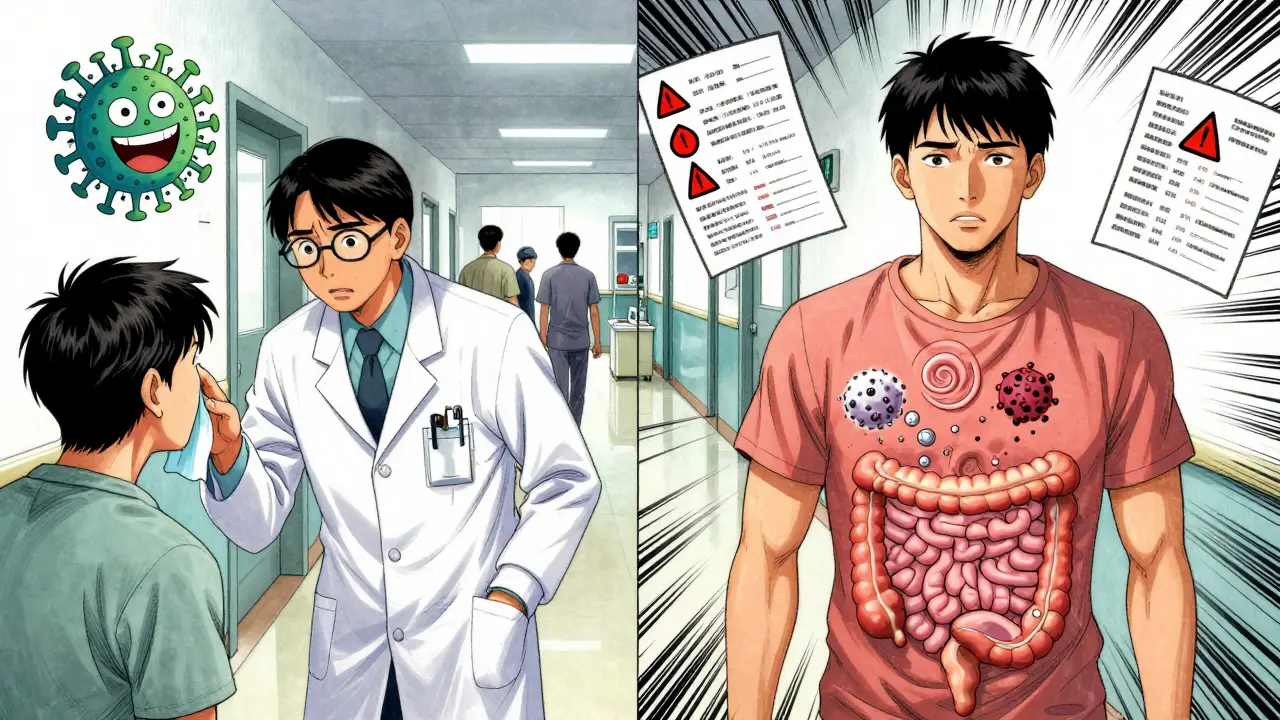 A doctor faces pressure from a patient demanding antibiotics for a virus, while another patient suffers from C. difficile in a chaotic hospital scene.