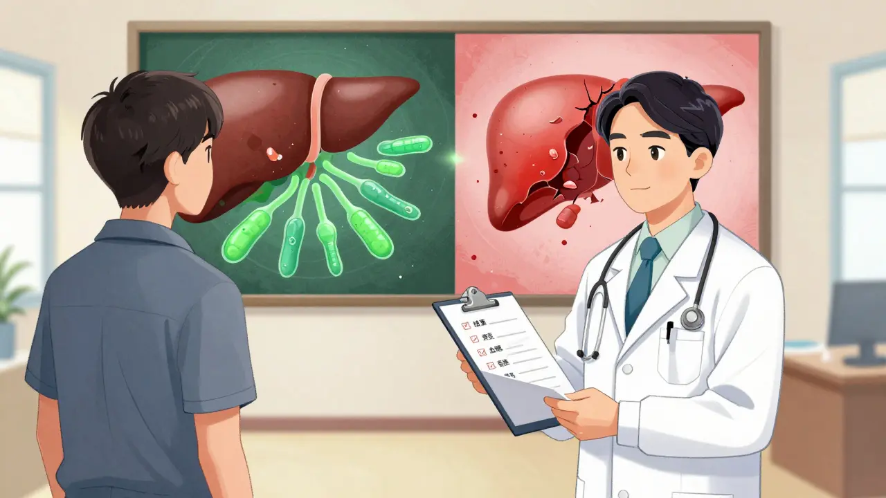 A doctor reviewing metabolic tests as a patient stands calmly, with healthy and damaged organs shown in split-screen.