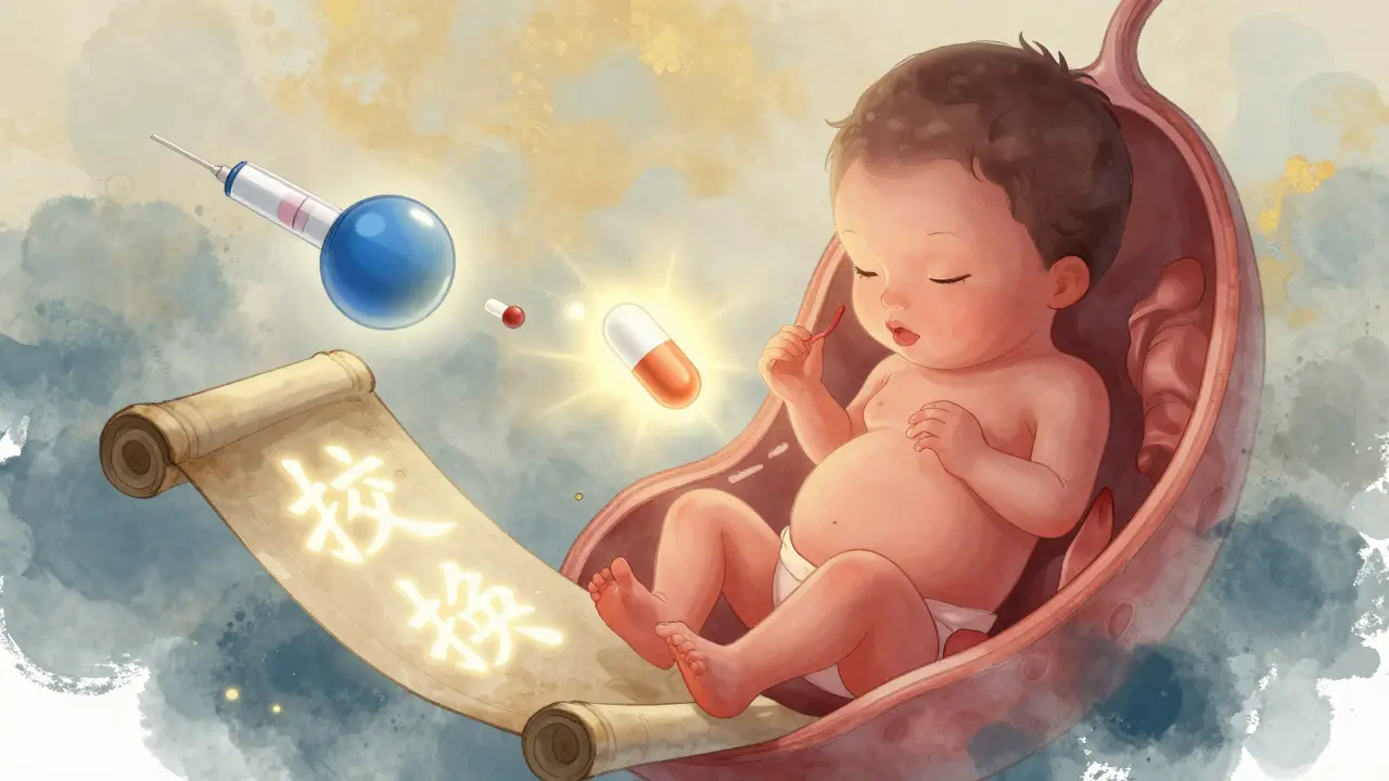 A fetus surrounded by drug symbols, with placenta as a glowing scroll, illustrated in Chinese manhua style.