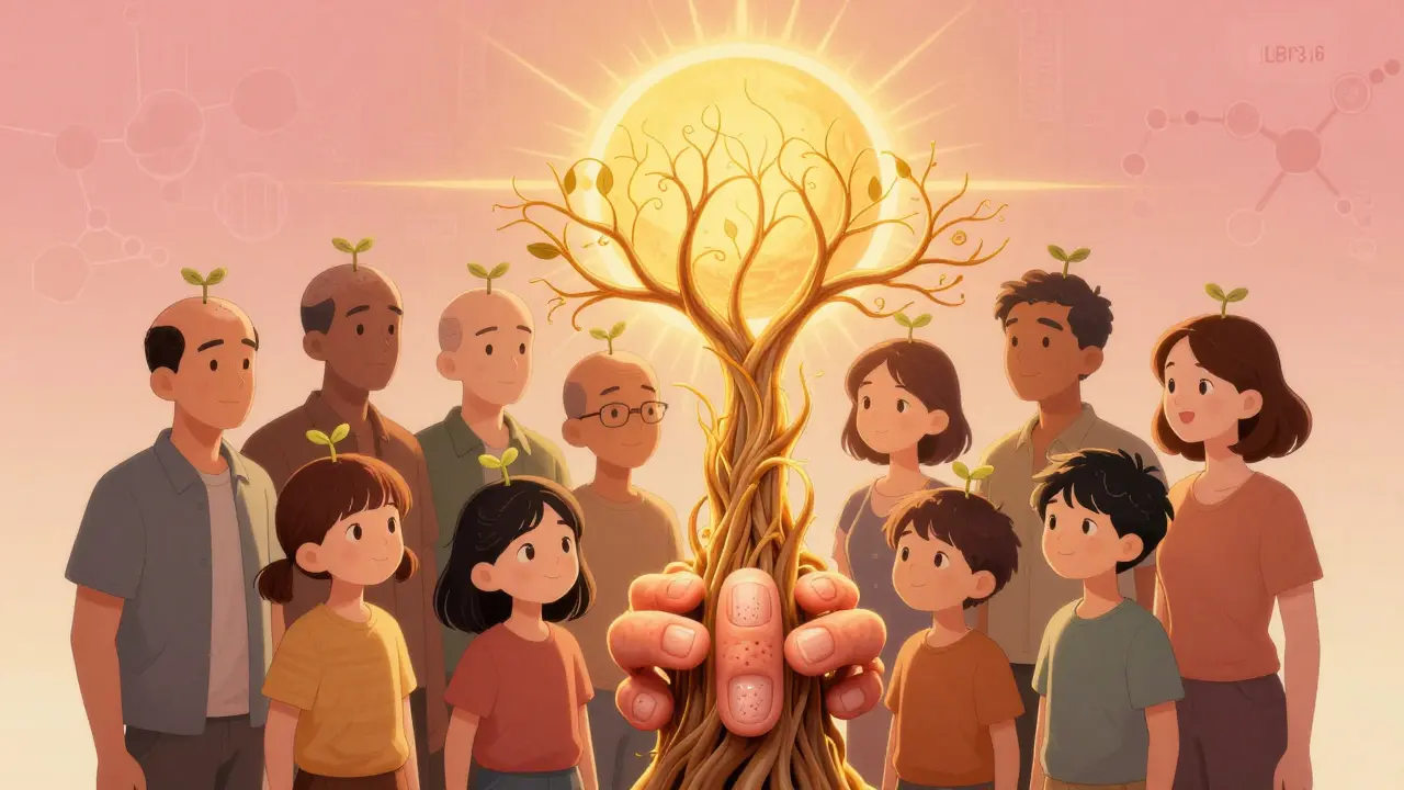 A group of people with alopecia standing together as golden hair grows into a symbolic tree of life under sunrise.