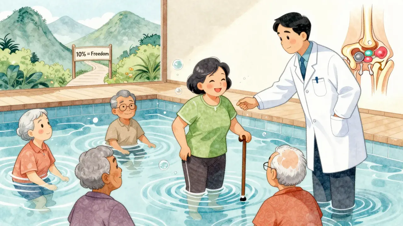 A group of seniors doing water aerobics with a doctor, a healing hip diagram floating above them as bubbles rise in the water.