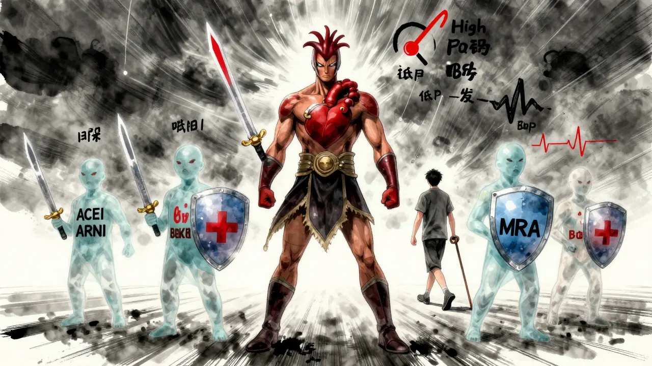 A heart-shaped warrior defended by four medical guardian spirits, battling negative symptoms in dramatic manhua style.