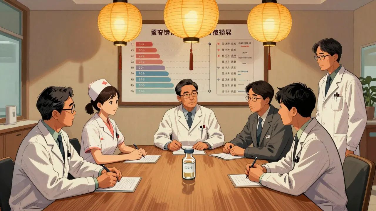 A hospital committee discusses cancer drug allocation using a flowchart, with a single empty vial on the table and lantern light casting soft shadows.