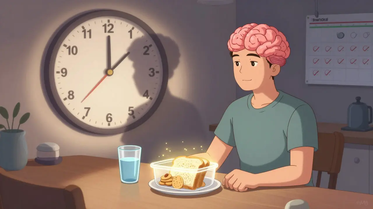 A man at a kitchen table with food and a shadow clock showing medication effects over time, with healthy snacks glowing nearby.