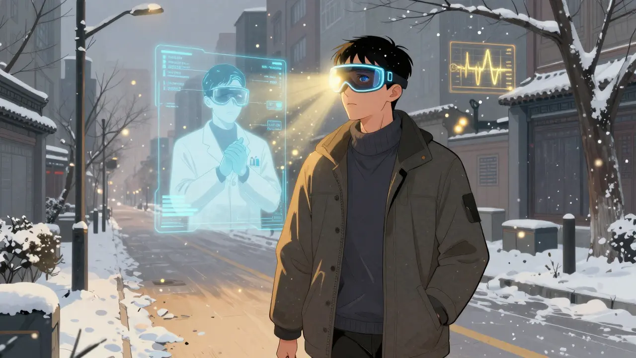 A man wears a glowing light visor while walking through snow, surrounded by floating health data and warm light.