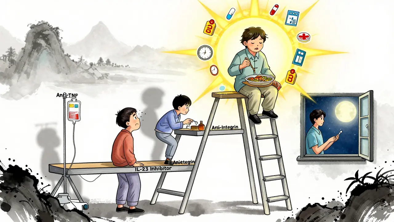 A medical ladder shows progression from anti-TNF to IL-23 inhibitors, with patients at each stage achieving better health.