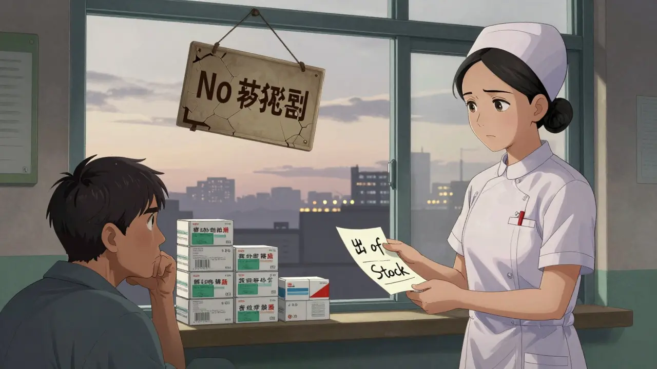 A nurse gives a 'Out of Stock' note to a patient outside a rural clinic, while unopened drug boxes sit unused inside under a broken sign.
