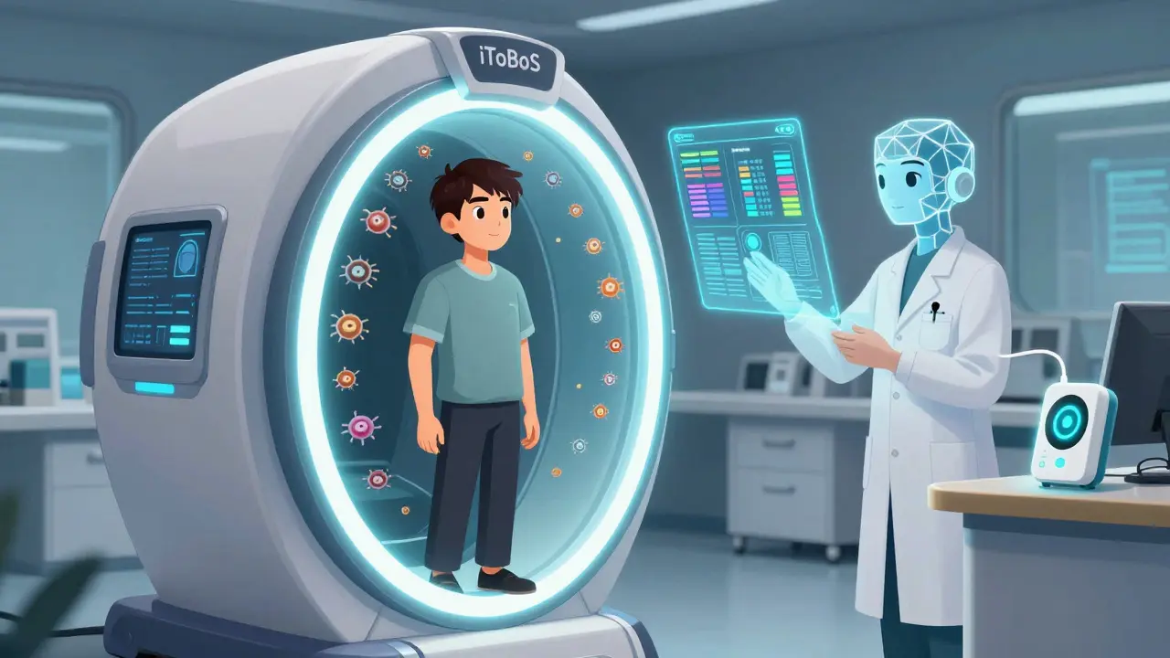 A patient in a glowing full-body scanner is analyzed by an AI avatar, with floating mole icons and a holographic risk report.