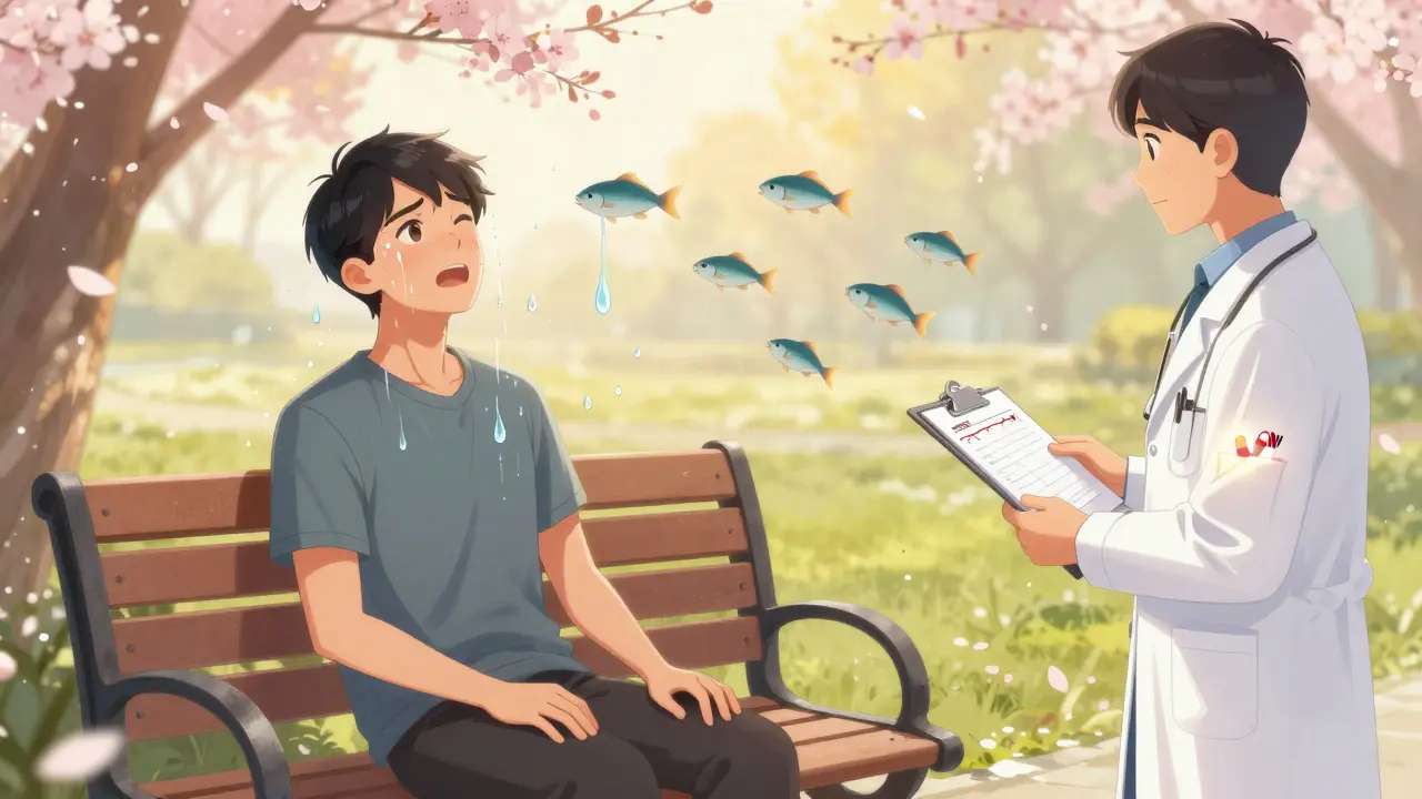 A patient on a park bench as fluid turns into fish, with a doctor nearby and glowing pills in pocket, morning light shining.