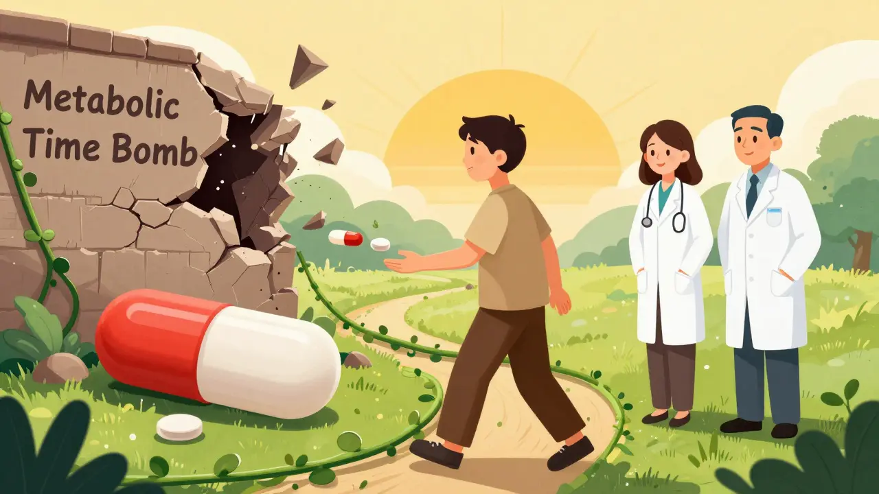 A patient switching from a harmful pill to a safer one, walking toward sunrise with medical supporters nearby.