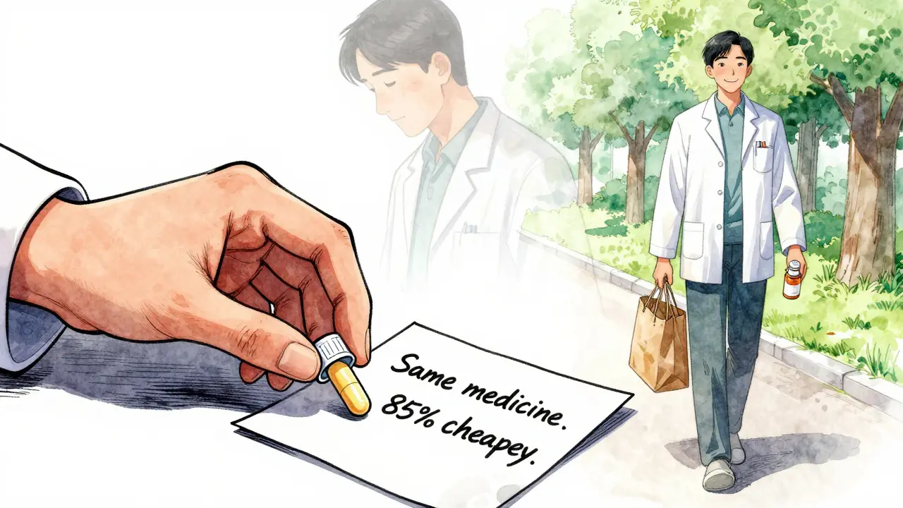 A pharmacist places a generic pill beside a note about savings, as a struggling patient transforms into a healthy one.