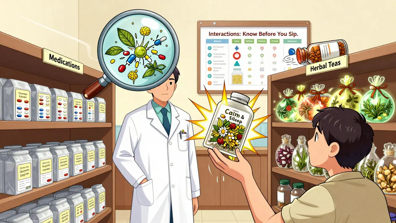 A pharmacist showing a patient how herbal tea blends can clash with medications.