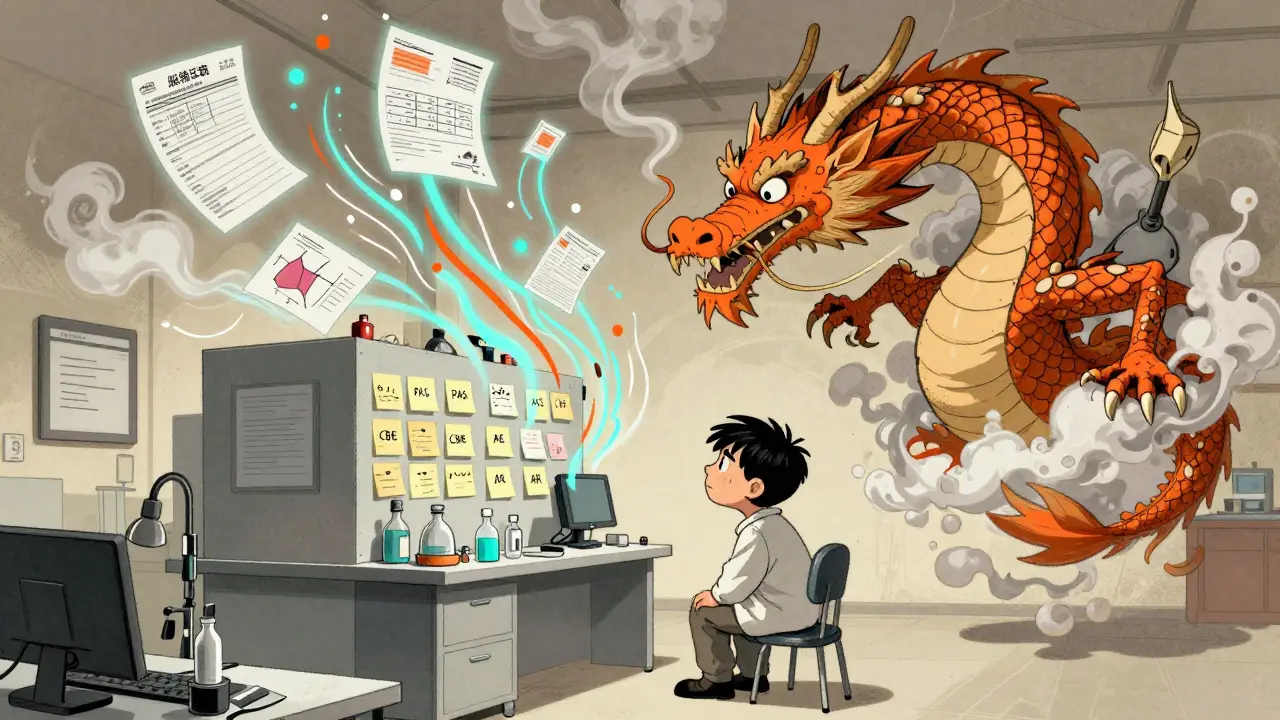 A small manufacturer overwhelmed by regulatory labels as a document-shaped dragon looms above.