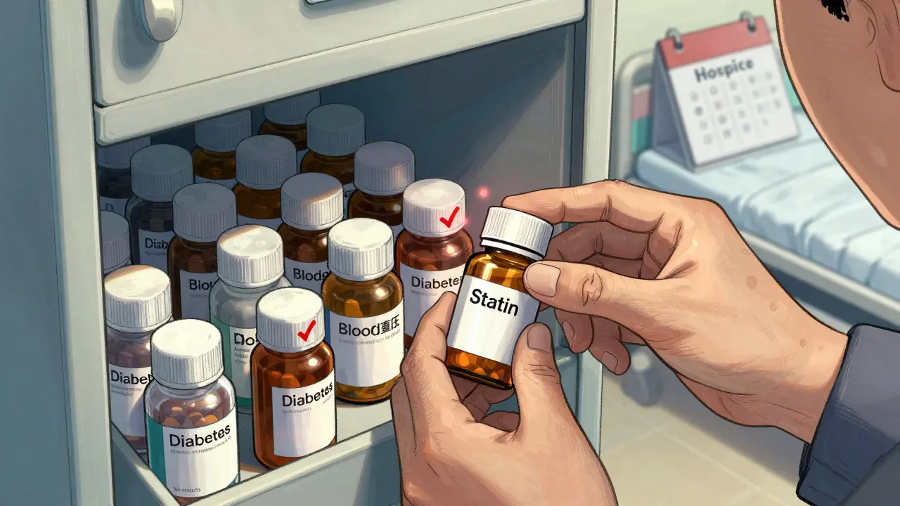 Aged hands removing a statin bottle from a crowded medicine cabinet.