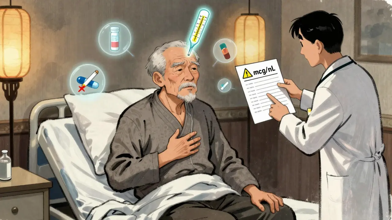 An elderly man on a hospital bed with rising theophylline levels, surrounded by dangerous medication icons.