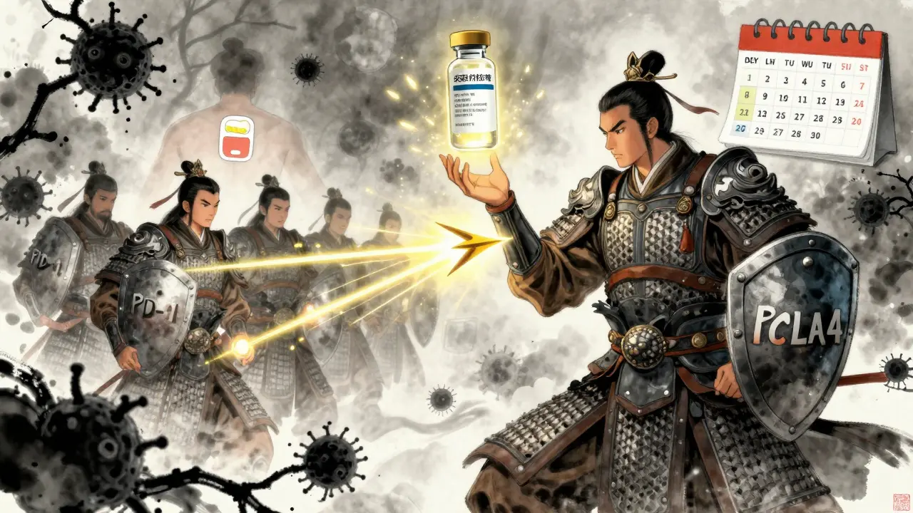 An immune system warrior army fights cancer cells with golden arrows, guided by a glowing immunotherapy vial.