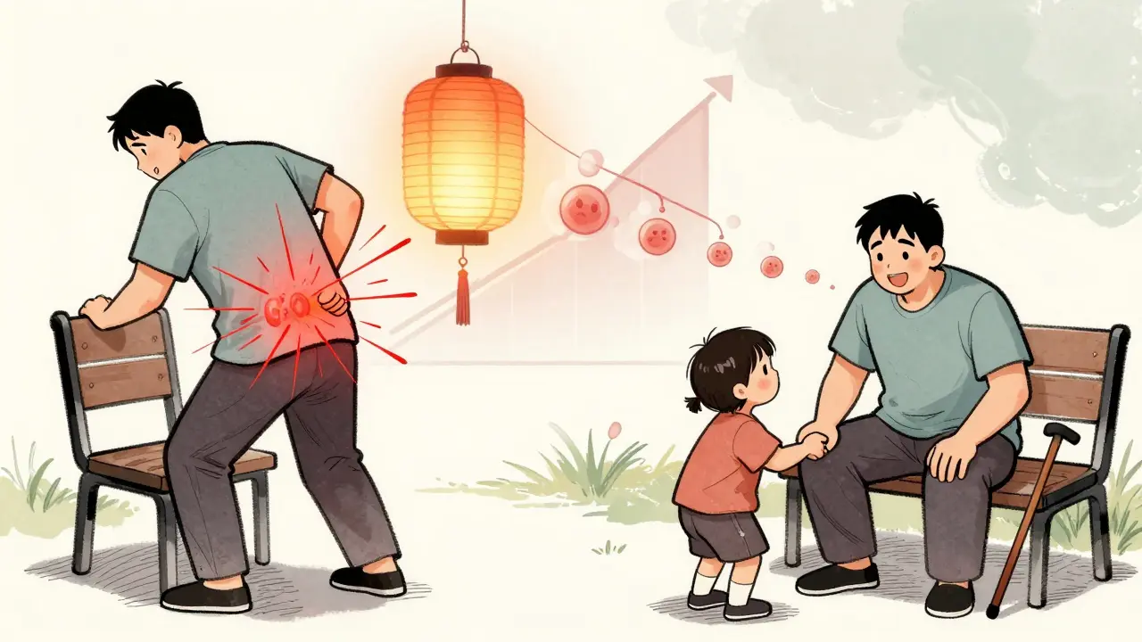 Before and after scene: one side shows pain while standing, the other shows joy playing with grandchildren, with a fading weight loss graph.