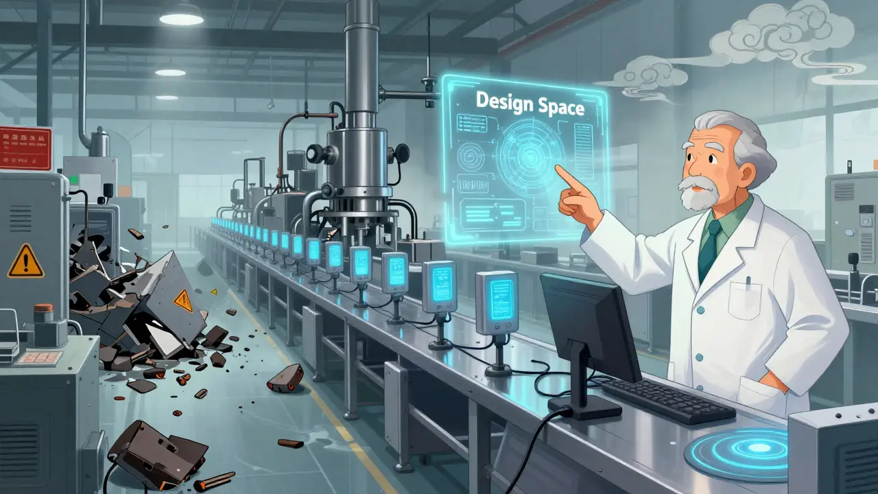 Contrasting chaotic factory with advanced tech line, guided by a scientist holding a design space map.