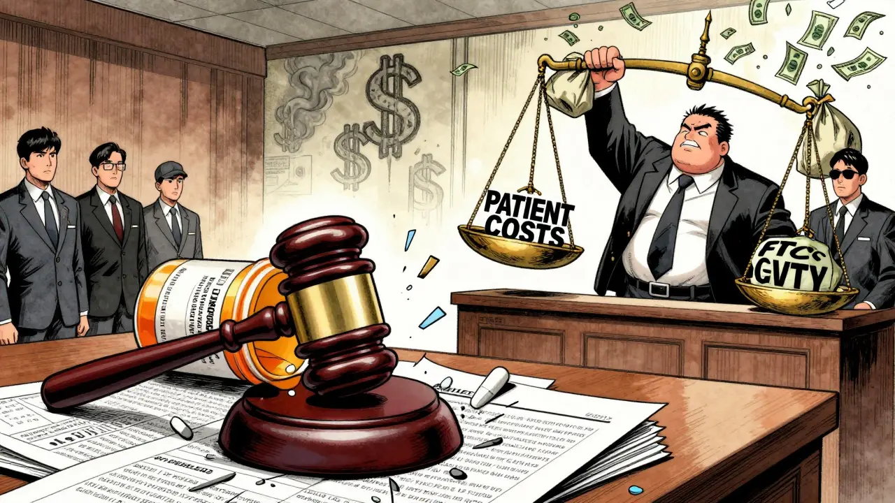 Courtroom scene with pill-shaped gavel crushing fake safety warnings and REMS documents.