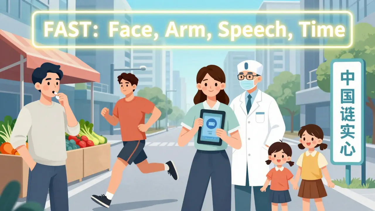 Diverse group practicing stroke prevention: taking meds, exercising, using telehealth, and recognizing FAST signs.