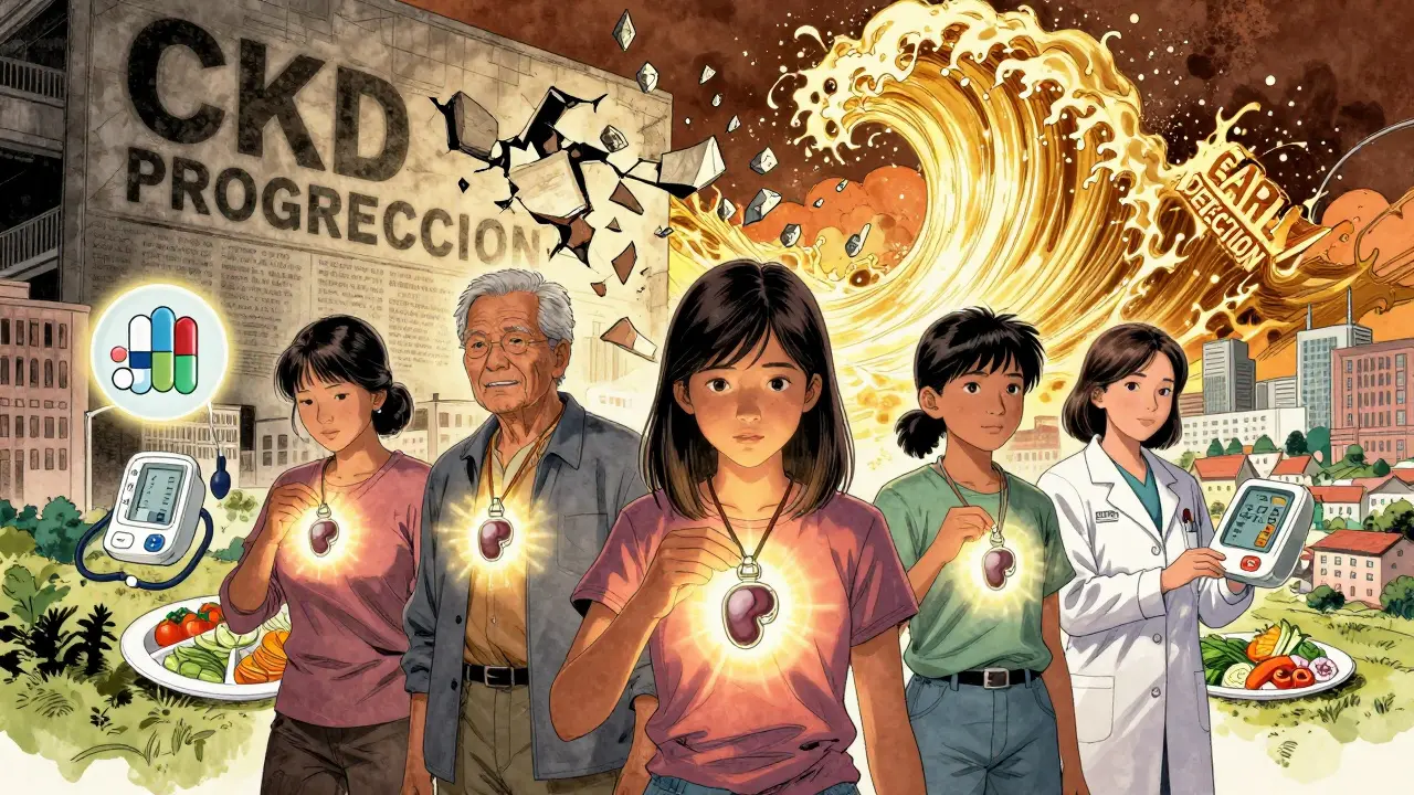 Diverse patients hold glowing kidney lockets as medical icons and a wave of early detection shatter kidney failure.