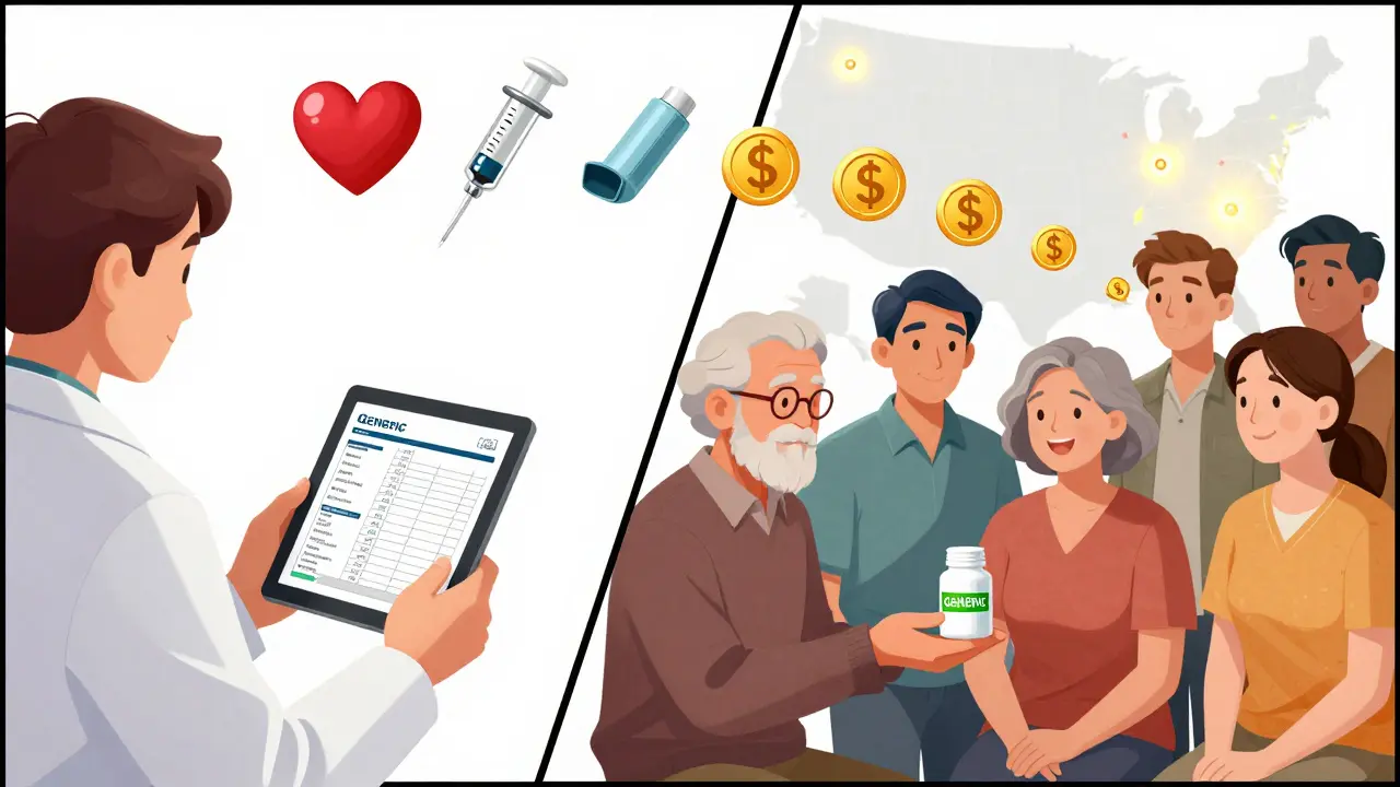 Diverse patients receive generic medications with cost-saving icons floating above them in a vibrant pharmacy scene.