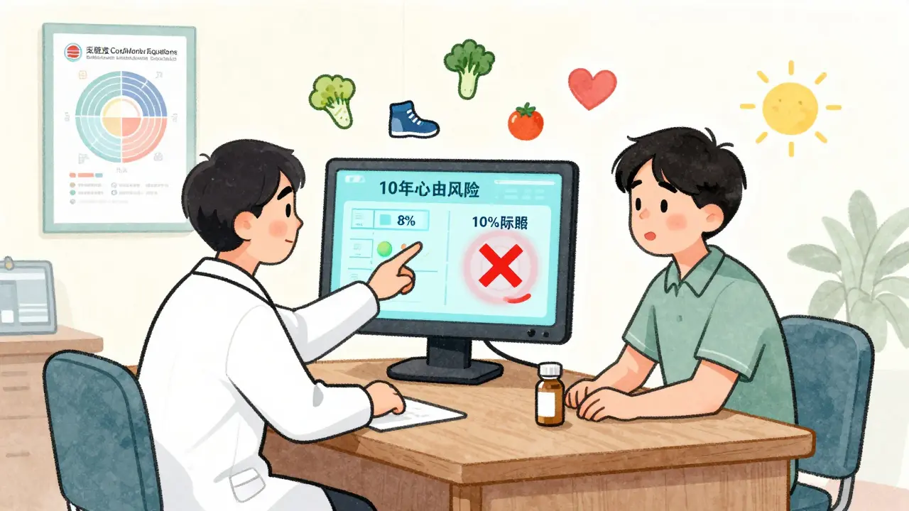 Doctor showing patient a low heart risk score, aspirin marked with a red X.