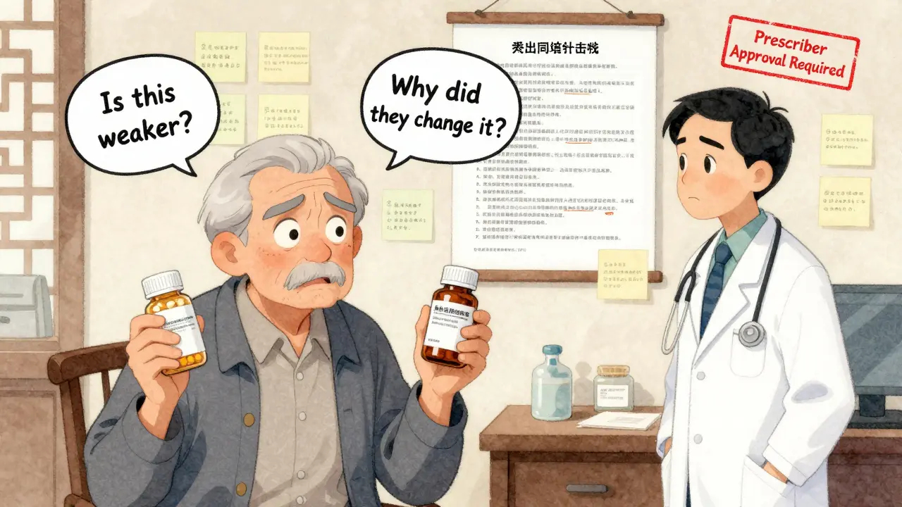 Elderly patient confused by two identical pill bottles, doctor staring at wall of state substitution laws.