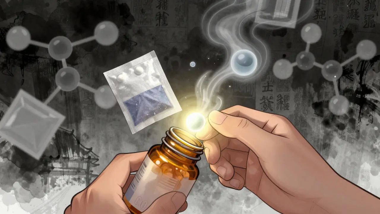 Hand opening pill bottle with glowing desiccant and protective film blocking moisture molecules.