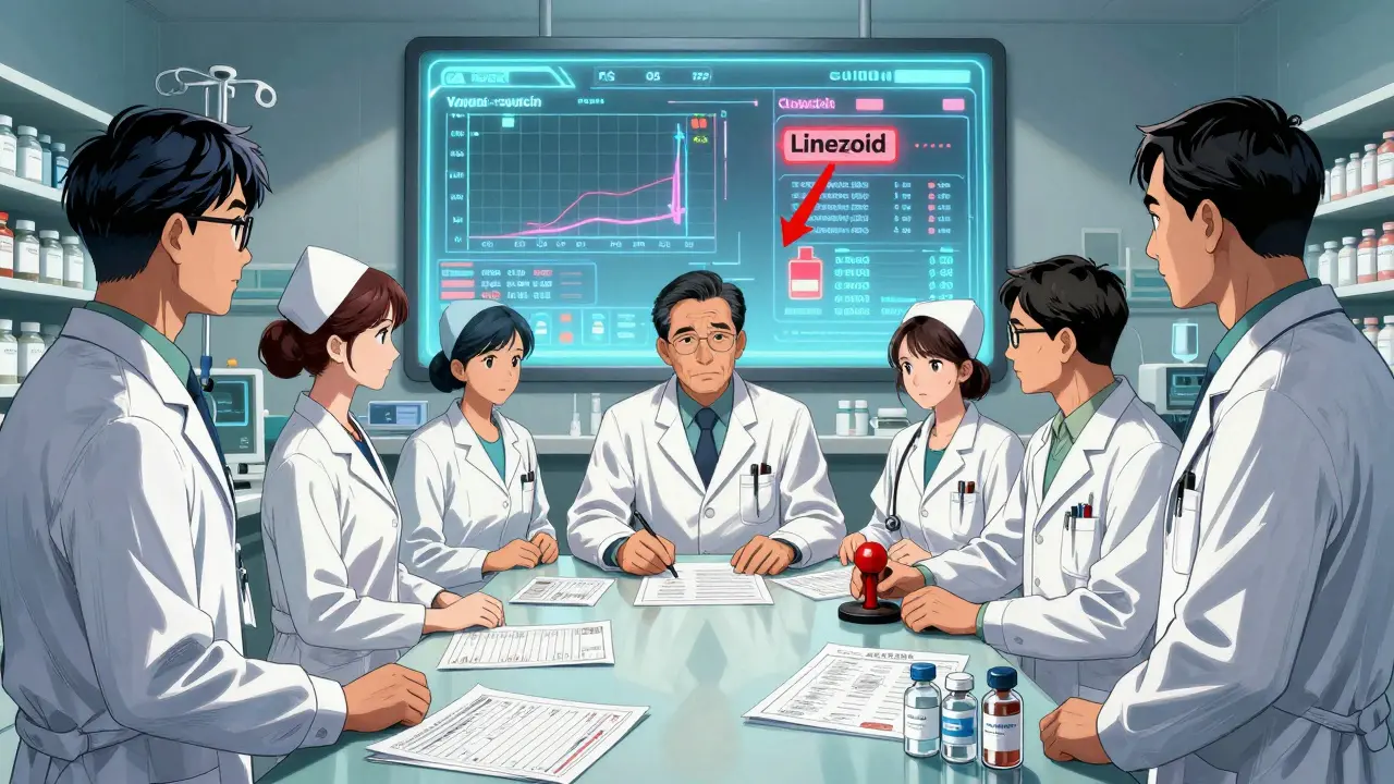 Hospital team reviews IV drug data on screen, deciding therapeutic interchange with clinical charts and vials nearby.