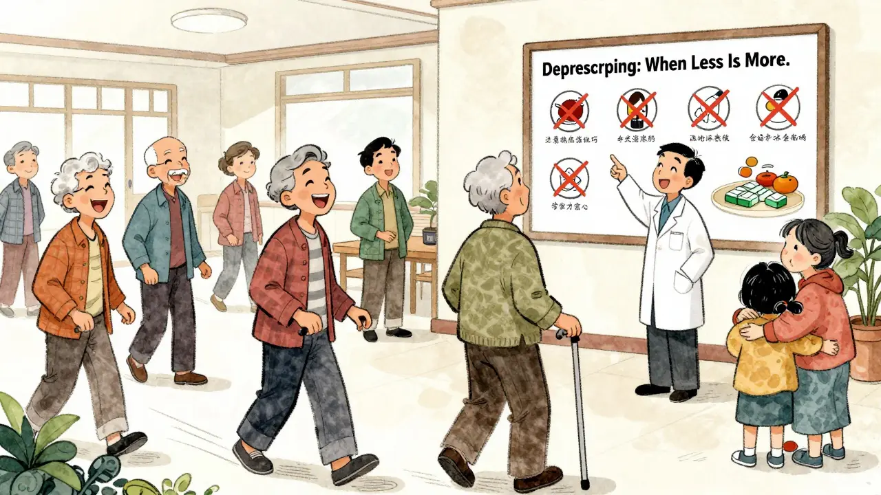 Older adults enjoying life while a doctor explains deprescribing on a chart.